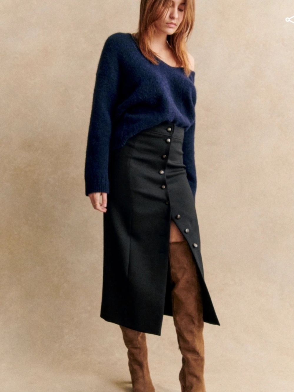 Sezane Rosalba Wool Blend Midi Button Front Straight Skirt Size 36